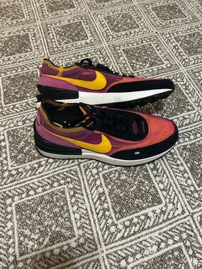 Nike Women's Gradient Purple Pink Orange Running Sneakers with Yellow Swoosh